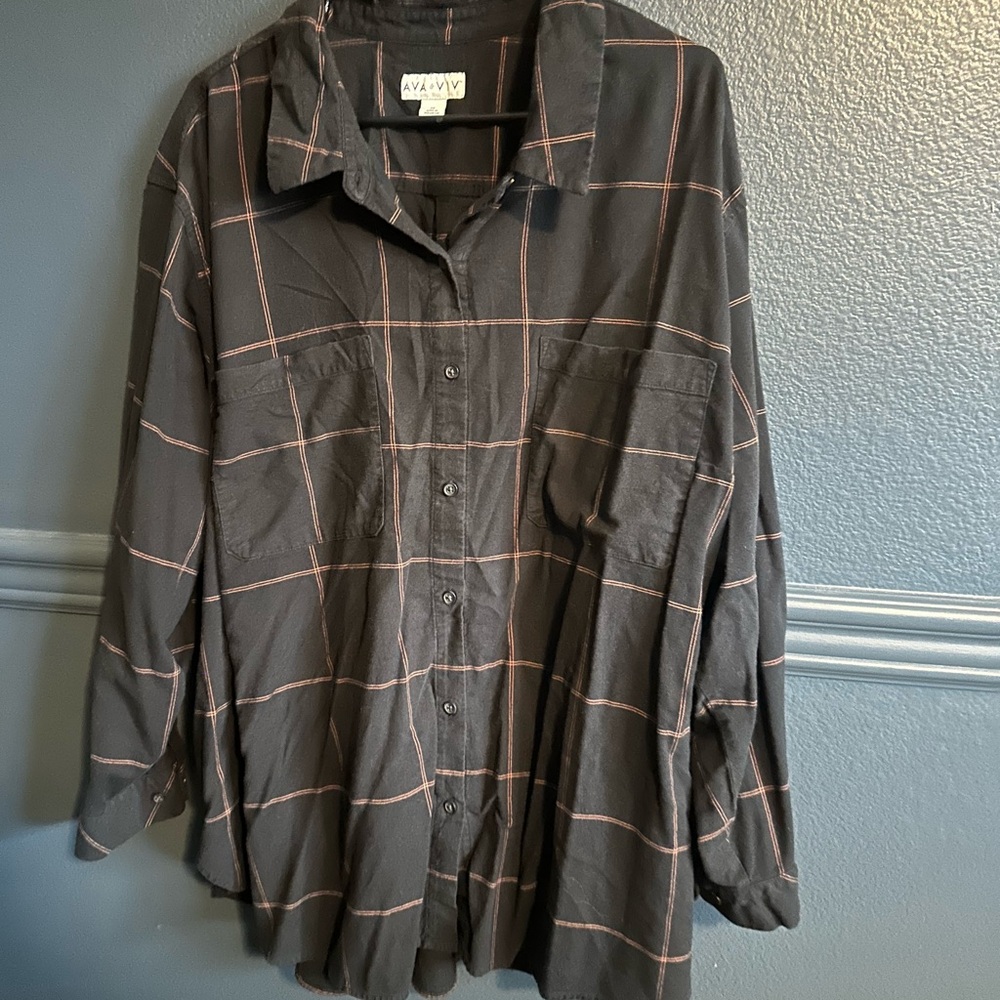 Ava & Viv Black Button Down Shirt with Pink Stripes
